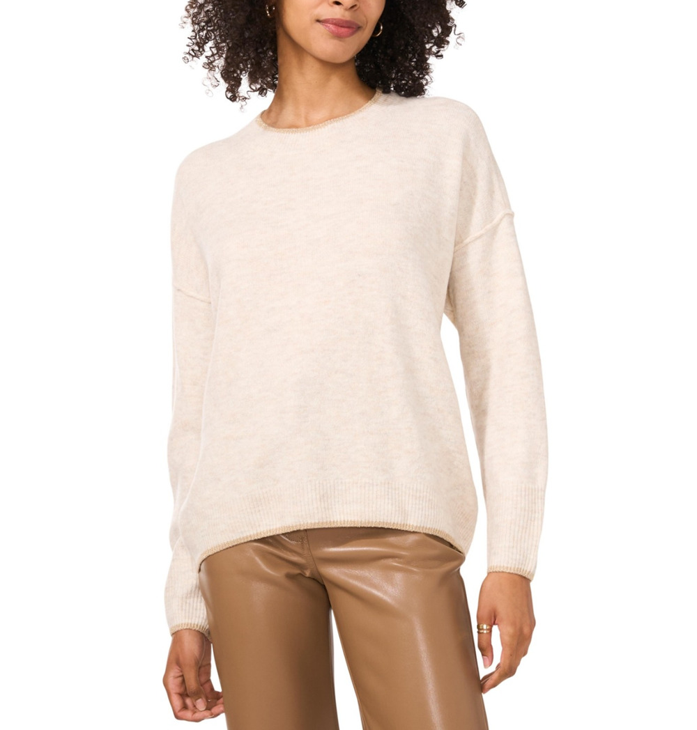 Vince Camuto Women Metallic Trim Crewneck Sweater Malted Size M